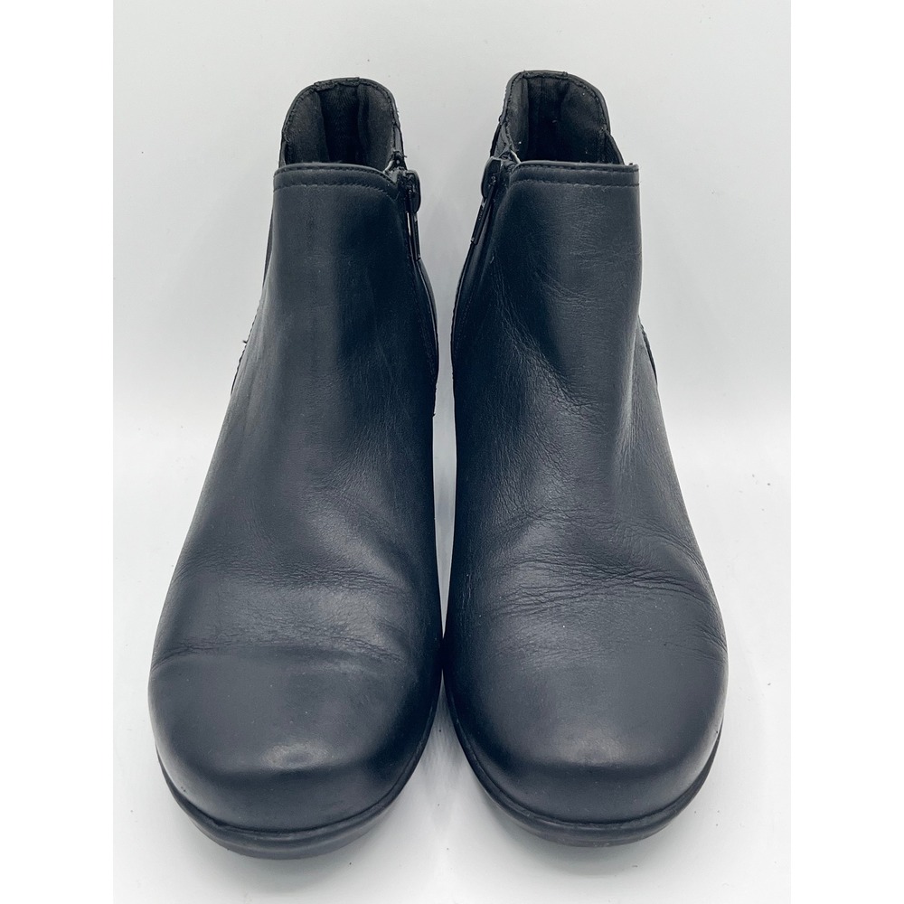 Clarks Women Black Leather Ankle Boots Block Heel Side Zip Booties Size 6.5M
